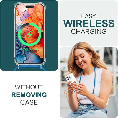 NALIA Handykette für iPhone 15 Pro – Transparentes Hybrid-Case & Band – HANGIT PRO (Anti-Gelb Rückseite & Verstellbar) – Marke aus Berlin Blau NALIA Transparente Hülle