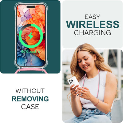 NALIA Handykette für iPhone 15 Pro – Transparentes Hybrid-Case & Band – HANGIT PRO (Anti-Gelb Rückseite & Verstellbar) – Marke aus Berlin Rosa NALIA Transparente Hülle