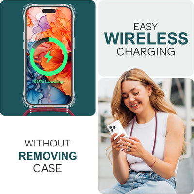 NALIA Handykette für iPhone 15 Pro – Transparentes Hybrid-Case & Band – HANGIT PRO (Anti-Gelb Rückseite & Verstellbar) – Marke aus Berlin Rot NALIA Transparente Hülle