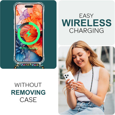 NALIA Handykette für iPhone 15 Pro – Transparentes Hybrid-Case & Band – HANGIT PRO (Anti-Gelb Rückseite & Verstellbar) – Marke aus Berlin Schwarz Bunt NALIA Transparente Hülle