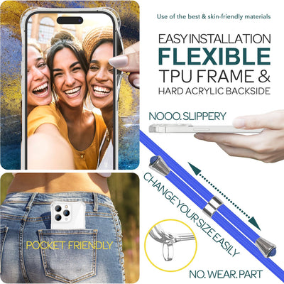 NALIA Handykette für iPhone 15 Pro – Transparentes Hybrid-Case & Band – HANGIT PRO (Anti-Gelb Rückseite & Verstellbar) – Marke aus Berlin Blau NALIA Transparente Hülle