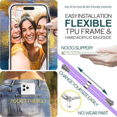 NALIA Handykette für iPhone 15 Pro – Transparentes Hybrid-Case & Band – HANGIT PRO (Anti-Gelb Rückseite & Verstellbar) – Marke aus Berlin Lila NALIA Transparente Hülle