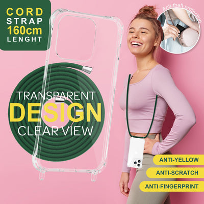 NALIA Handykette für iPhone 15 Pro Max – Transparentes Hybrid-Case & Band – HANGIT PRO (Anti-Gelb Rückseite & Verstellbar) – Marke aus Berlin Dunkel-Grün NALIA Transparente Hülle
