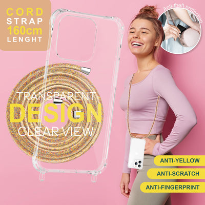 NALIA Handykette für iPhone 15 Pro Max – Transparentes Hybrid-Case & Band – HANGIT PRO (Anti-Gelb Rückseite & Verstellbar) – Marke aus Berlin Regenbogen NALIA Transparente Hülle