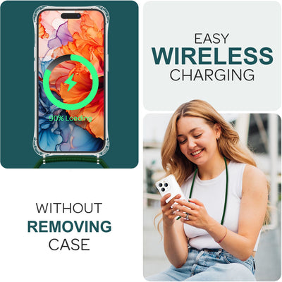 NALIA Handykette für iPhone 15 Pro Max – Transparentes Hybrid-Case & Band – HANGIT PRO (Anti-Gelb Rückseite & Verstellbar) – Marke aus Berlin Dunkel-Grün NALIA Transparente Hülle