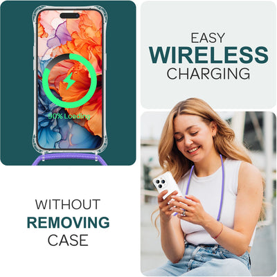 NALIA Handykette für iPhone 15 Pro Max – Transparentes Hybrid-Case & Band – HANGIT PRO (Anti-Gelb Rückseite & Verstellbar) – Marke aus Berlin Lila NALIA Transparente Hülle