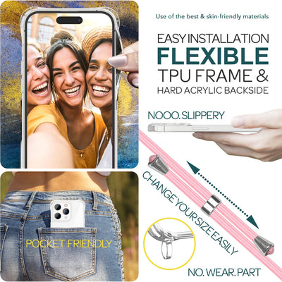 NALIA Handykette für iPhone 15 Pro Max – Transparentes Hybrid-Case & Band – HANGIT PRO (Anti-Gelb Rückseite & Verstellbar) – Marke aus Berlin Rosa NALIA Transparente Hülle