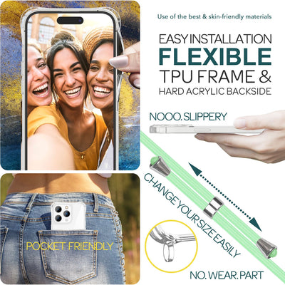 NALIA Handykette für iPhone 15 Pro Max – Transparentes Hybrid-Case & Band – HANGIT PRO (Anti-Gelb Rückseite & Verstellbar) – Marke aus Berlin Mint-Grün NALIA Transparente Hülle