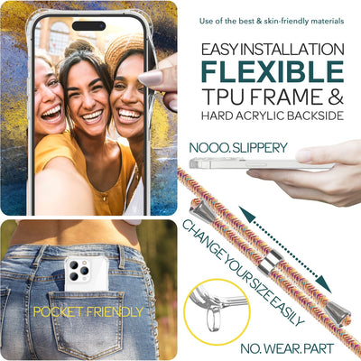 NALIA Handykette für iPhone 15 Pro Max – Transparentes Hybrid-Case & Band – HANGIT PRO (Anti-Gelb Rückseite & Verstellbar) – Marke aus Berlin Regenbogen NALIA Transparente Hülle