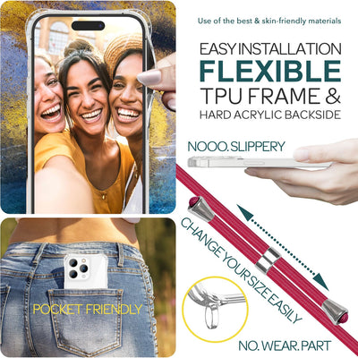 NALIA Handykette für iPhone 15 Pro Max – Transparentes Hybrid-Case & Band – HANGIT PRO (Anti-Gelb Rückseite & Verstellbar) – Marke aus Berlin Rot NALIA Transparente Hülle