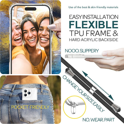 NALIA Handykette für iPhone 15 Pro Max – Transparentes Hybrid-Case & Band – HANGIT PRO (Anti-Gelb Rückseite & Verstellbar) – Marke aus Berlin Schwarz NALIA Transparente Hülle