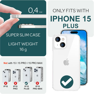 NALIA Transparente Hülle für iPhone 15 Plus – Anti-Gelb & Stoßfest – BLYSS (Rückseite in Glas-Optik) – Marke aus Berlin NALIA Transparente Hülle