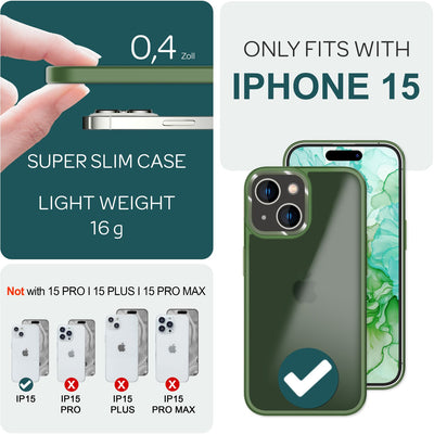 NALIA Matte Handyhülle für iPhone 15 – Stoßfester Silikon-Rahmen & Semi-Transparent – FUZION (Anti-Fingerprint Case) – Marke aus Berlin Dunkel-Grün NALIA Protective Hülle