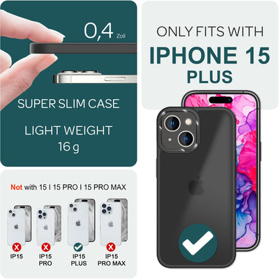 NALIA Matte Handyhülle für iPhone 15 Plus – Stoßfester Silikon-Rahmen & Semi-Transparent – FUZION (Anti-Fingerprint Case) – Marke aus Berlin Schwarz NALIA Protective Hülle