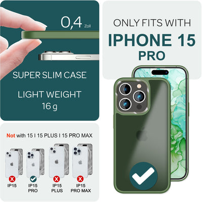 NALIA Matte Handyhülle für iPhone 15 Pro – Stoßfester Silikon-Rahmen & Semi-Transparent – FUZION (Anti-Fingerprint Case) – Marke aus Berlin Dunkel-Grün NALIA Protective Hülle