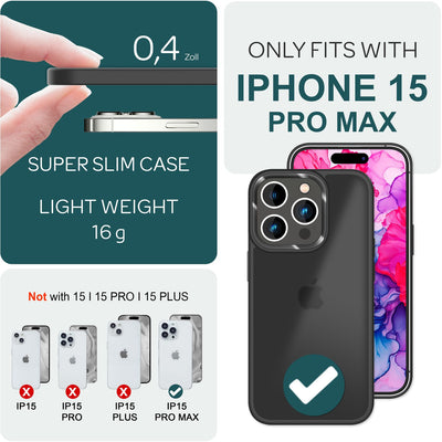 NALIA Matte Handyhülle für iPhone 15 Pro Max – Stoßfester Silikon-Rahmen & Semi-Transparent – FUZION (Anti-Fingerprint Case) – Marke aus Berlin Schwarz NALIA Protective Hülle