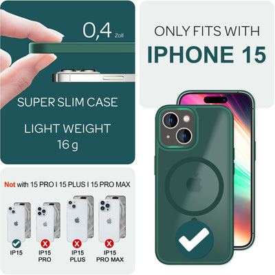 NALIA Magnet-Case für iPhone 15 – Matt-Transparent & MagSafe Kompatibel – MATTEX (Rutschfest, Stoßfest & Anti-Fingerabdruck) – Marke aus Berlin Grün NALIA Protective Hülle