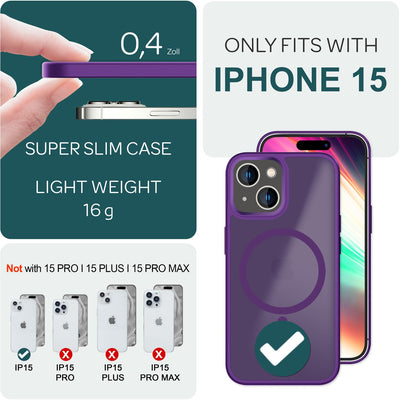 NALIA Magnet-Case für iPhone 15 – Matt-Transparent & MagSafe Kompatibel – MATTEX (Rutschfest, Stoßfest & Anti-Fingerabdruck) – Marke aus Berlin Lila NALIA Protective Hülle