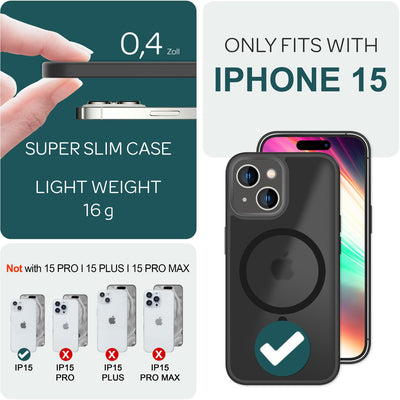 NALIA Magnet-Case für iPhone 15 – Matt-Transparent & MagSafe Kompatibel – MATTEX (Rutschfest, Stoßfest & Anti-Fingerabdruck) – Marke aus Berlin Schwarz NALIA Protective Hülle