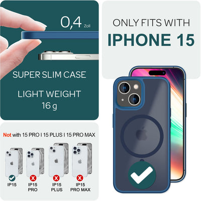 NALIA Magnet-Case für iPhone 15 – Matt-Transparent & MagSafe Kompatibel – MATTEX (Rutschfest, Stoßfest & Anti-Fingerabdruck) – Marke aus Berlin Dunkelblau NALIA Protective Hülle