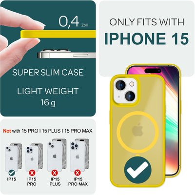 NALIA Magnet-Case für iPhone 15 – Matt-Transparent & MagSafe Kompatibel – MATTEX (Rutschfest, Stoßfest & Anti-Fingerabdruck) – Marke aus Berlin Gelb NALIA Protective Hülle