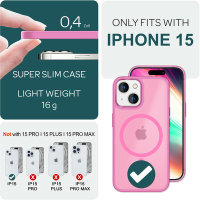 NALIA Magnet-Case für iPhone 15 – Matt-Transparent & MagSafe Kompatibel – MATTEX (Rutschfest, Stoßfest & Anti-Fingerabdruck) – Marke aus Berlin Pink NALIA Protective Hülle
