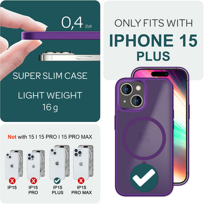 NALIA Magnet-Case für iPhone 15 Plus – Matt-Transparent & MagSafe Kompatibel – MATTEX (Rutschfest, Stoßfest & Anti-Fingerabdruck) – Marke aus Berlin Lila NALIA Protective Hülle