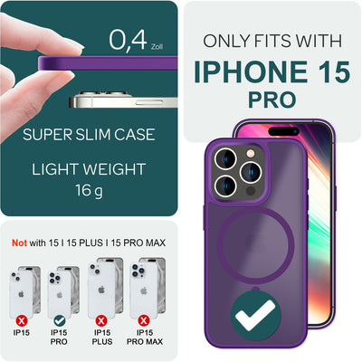 NALIA Magnet-Case für iPhone 15 Pro – Matt-Transparent & MagSafe Kompatibel – MATTEX (Rutschfest, Stoßfest & Anti-Fingerabdruck) – Marke aus Berlin Lila NALIA Protective Hülle