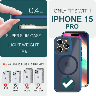 NALIA Magnet-Case für iPhone 15 Pro – Matt-Transparent & MagSafe Kompatibel – MATTEX (Rutschfest, Stoßfest & Anti-Fingerabdruck) – Marke aus Berlin Dunkelblau NALIA Protective Hülle