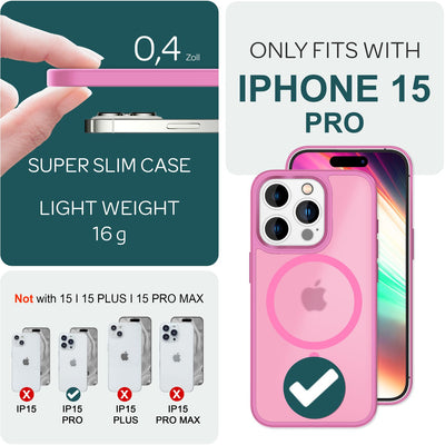 NALIA Magnet-Case für iPhone 15 Pro – Matt-Transparent & MagSafe Kompatibel – MATTEX (Rutschfest, Stoßfest & Anti-Fingerabdruck) – Marke aus Berlin Pink NALIA Protective Hülle