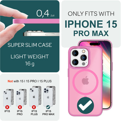 NALIA Magnet-Case für iPhone 15 Pro Max – Matt-Transparent & MagSafe Kompatibel – MATTEX (Rutschfest, Stoßfest & Anti-Fingerabdruck) – Marke aus Berlin Pink NALIA Protective Hülle