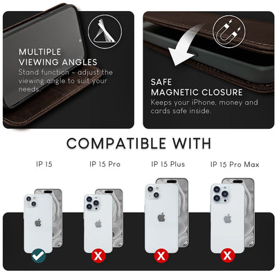 NALIA Echtlederhülle für iPhone 15 – RFID Wallet & Magnet-Verschluss – LEVANTO (Handgefertigte Klapphülle) – Marke aus Berlin Dunkel-Braun NALIA Protective Hülle