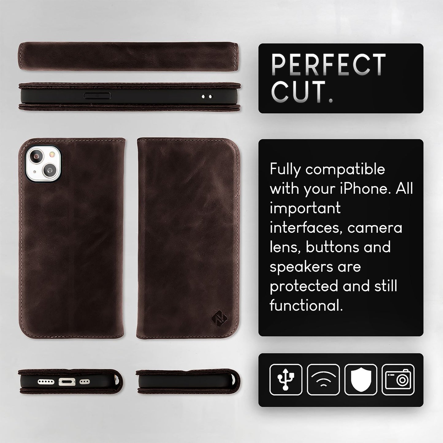 NALIA Echt-Leder Flipcase für iPhone 15 Hülle, Rindsleder Schutzhülle Lederhülle mit RFID-Schutz, Standfunktion Klappbar