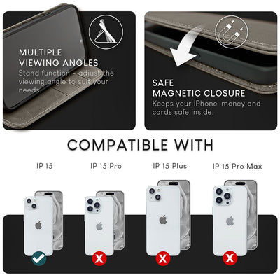 NALIA Echtlederhülle für iPhone 15 – RFID Wallet & Magnet-Verschluss – LEVANTO (Handgefertigte Klapphülle) – Marke aus Berlin Dunkelgrau NALIA Protective Hülle