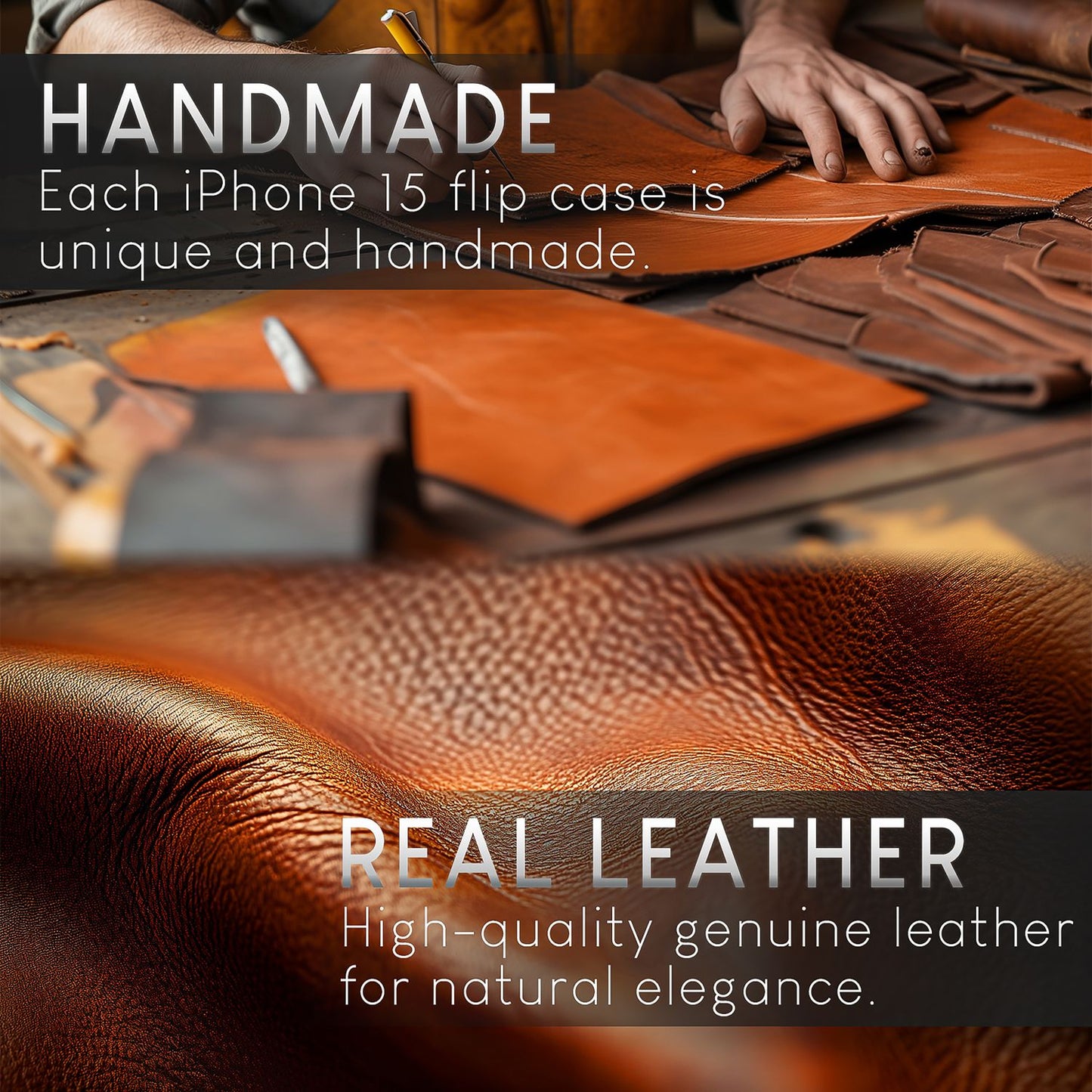 NALIA Echt-Leder Flipcase für iPhone 15 Hülle, Rindsleder Schutzhülle Lederhülle mit RFID-Schutz, Standfunktion Klappbar