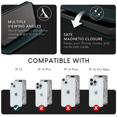 NALIA Echtlederhülle für iPhone 15 – RFID Wallet & Magnet-Verschluss – LEVANTO (Handgefertigte Klapphülle) – Marke aus Berlin Dunkelblau NALIA Protective Hülle
