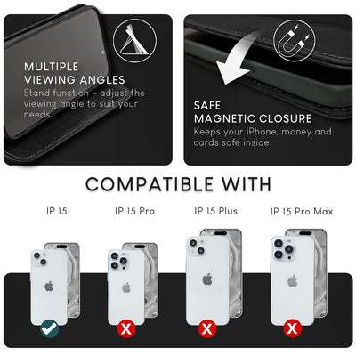 NALIA Echtlederhülle für iPhone 15 – RFID Wallet & Magnet-Verschluss – LEVANTO (Handgefertigte Klapphülle) – Marke aus Berlin Schwarz NALIA Protective Hülle