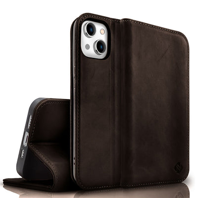 NALIA Echtlederhülle für iPhone 15 Plus – RFID Wallet & Magnet-Verschluss – LEVANTO (Handgefertigte Klapphülle) – Marke aus Berlin Dunkel-Braun NALIA Protective Hülle