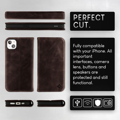 NALIA Echtlederhülle für iPhone 15 Plus – RFID Wallet & Magnet-Verschluss – LEVANTO (Handgefertigte Klapphülle) – Marke aus Berlin Dunkel-Braun NALIA Protective Hülle