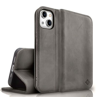 NALIA Echtlederhülle für iPhone 15 Plus – RFID Wallet & Magnet-Verschluss – LEVANTO (Handgefertigte Klapphülle) – Marke aus Berlin Dunkelgrau NALIA Protective Hülle