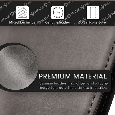 NALIA Echtlederhülle für iPhone 15 Plus – RFID Wallet & Magnet-Verschluss – LEVANTO (Handgefertigte Klapphülle) – Marke aus Berlin Dunkelgrau NALIA Protective Hülle