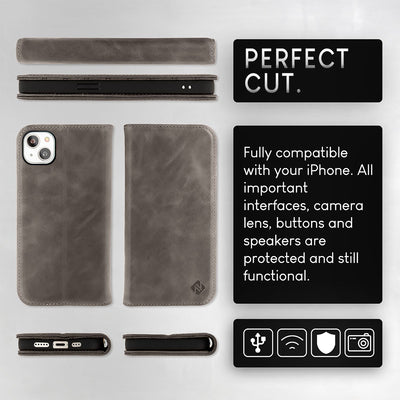 NALIA Echtlederhülle für iPhone 15 Plus – RFID Wallet & Magnet-Verschluss – LEVANTO (Handgefertigte Klapphülle) – Marke aus Berlin Dunkelgrau NALIA Protective Hülle