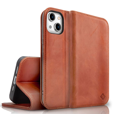 NALIA Echtlederhülle für iPhone 15 Plus – RFID Wallet & Magnet-Verschluss – LEVANTO (Handgefertigte Klapphülle) – Marke aus Berlin Braun NALIA Protective Hülle