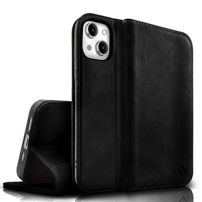 NALIA Echtlederhülle für iPhone 15 Plus – RFID Wallet & Magnet-Verschluss – LEVANTO (Handgefertigte Klapphülle) – Marke aus Berlin Schwarz NALIA Protective Hülle