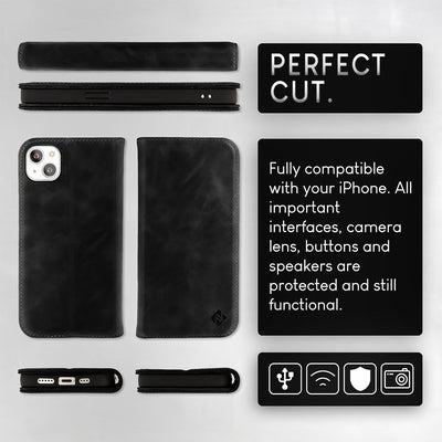 NALIA Echtlederhülle für iPhone 15 Plus – RFID Wallet & Magnet-Verschluss – LEVANTO (Handgefertigte Klapphülle) – Marke aus Berlin Schwarz NALIA Protective Hülle