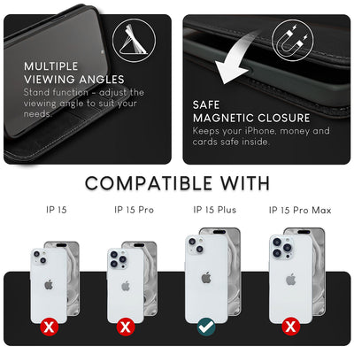 NALIA Echtlederhülle für iPhone 15 Plus – RFID Wallet & Magnet-Verschluss – LEVANTO (Handgefertigte Klapphülle) – Marke aus Berlin Schwarz NALIA Protective Hülle