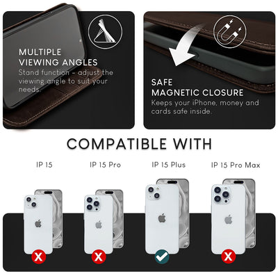 NALIA Echtlederhülle für iPhone 15 Plus – RFID Wallet & Magnet-Verschluss – LEVANTO (Handgefertigte Klapphülle) – Marke aus Berlin Dunkel-Braun NALIA Protective Hülle