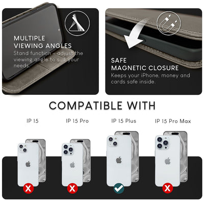 NALIA Echtlederhülle für iPhone 15 Plus – RFID Wallet & Magnet-Verschluss – LEVANTO (Handgefertigte Klapphülle) – Marke aus Berlin Dunkelgrau NALIA Protective Hülle