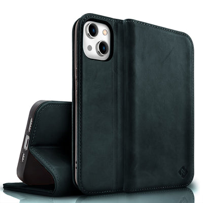 NALIA Echtlederhülle für iPhone 15 Plus – RFID Wallet & Magnet-Verschluss – LEVANTO (Handgefertigte Klapphülle) – Marke aus Berlin Dunkelblau NALIA Protective Hülle