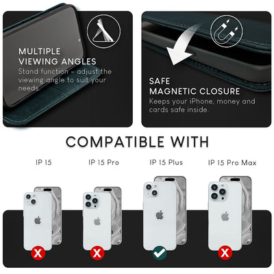 NALIA Echtlederhülle für iPhone 15 Plus – RFID Wallet & Magnet-Verschluss – LEVANTO (Handgefertigte Klapphülle) – Marke aus Berlin Dunkelblau NALIA Protective Hülle